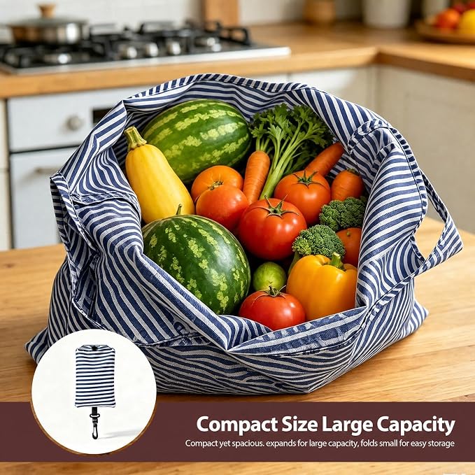 2 Pack Reusable Shopping Bag, Foldable Grocery Bags, Blue Stripes | Large Capacity, Washable, Grocery Tote, Utility Travel Shoulder Bag - Image 5