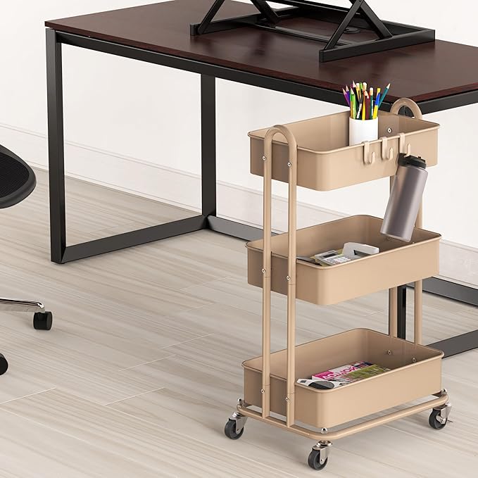 Simple Houseware 3-Tier Heavy Duty Metal Utility Rolling Cart, Khaki - Image 3
