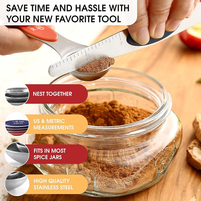 Spring Chef Stainless Steel 8 Magnetic Measuring Spoons, Mountain Sunrise | Nesting Metal Teaspoon & Tablespoon Measuring Spoons with Leveler for Dry & Liquid Ingredients, Dual Sided, Dishwasher Safe - Image 5