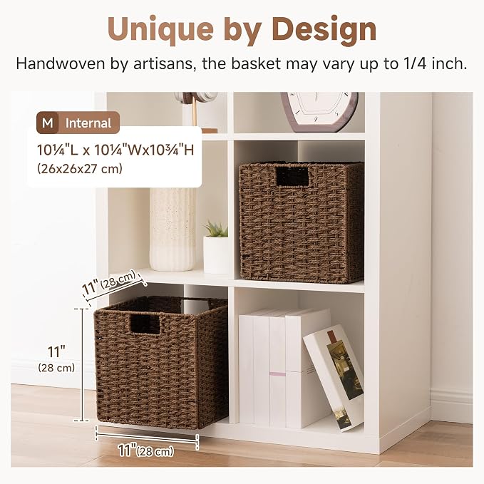 StorageWorks 11 inch Cube Storage Bins, Wicker Storage Cubes 11x11x11,Brown | 2-Pack, Handwoven Square Cubes Baskets, Foldable Paper Rope Baskets for Organizing, Square Baskets, Wicker Basket for Storage - Image 3