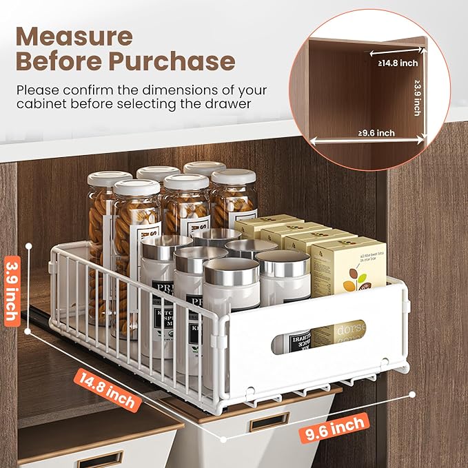 4 Pack Pull Out Cabinet Organizer, Heavy Duty Slide Out Drawer with No Drill Adhesive or Screw Mount, Carbon Steel Roll Out Shelf for Kitchen Cabinet, Pantry & Bathroom Storage - Image 2
