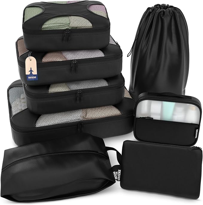 Shacke 8 Set Packing Cubes for Travel, Shoe & Toiletry Bags (Black) | Complete Suitcase Organizer Bags Set: 4 Luggage Packing Cubes + Laundry, Shoe, Toiletry & Accessories Bags for Any Trip by Shacke