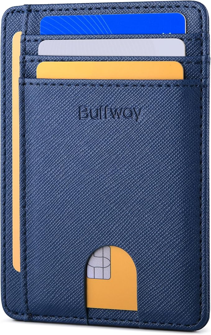 Buffway Slim Minimalist Front Pocket RFID Blocking Leather Wallets for Men and Women - Cross Blue by Buffway