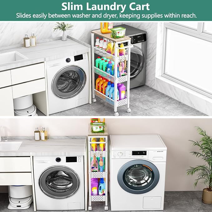 Vivihomety 4-Tier Slim Utility Rolling Laundry Cart with Wheels, Metal | Narrow 7.1" wide, Lockable wheels, wood top panel, metal frame, with handle, for laundry, bathroom, kitchen, white - Image 7