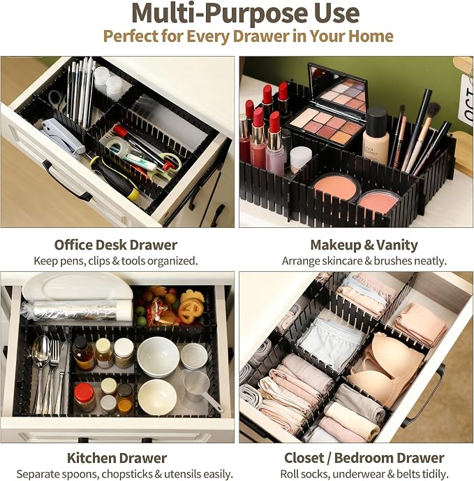 Adjustable Drawer Dividers, Cut-to-Fit DIY Organizers, Black 32 Pack | For Tidying Cutlery, Makeup, Clothes and Dresses in Drawers, Desks and Storage Boxes for Kitchen, Bathroom, Bedroom & Office - Image 6