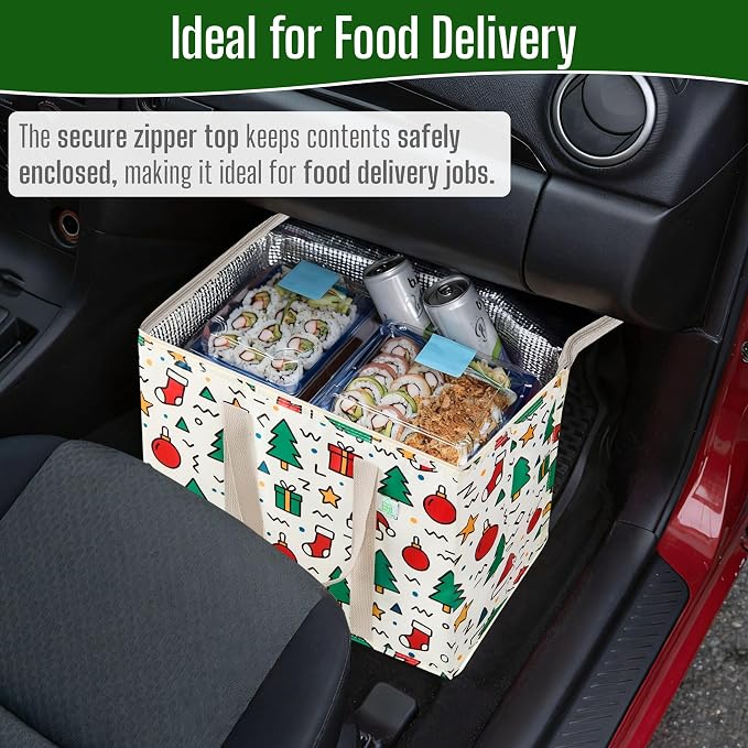 VENO 2 Pack Insulated Cooler Bag for Food Delivery, Reusable Grocery Bag | Heavy Duty Large Collapsible Cooler Shopping Tote w/ Zippers, Foldable, Stands Upright for Camping Picnic(Jingle Mix, 2 Pack) - Image 8