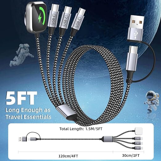 2026 Travel Essentials for iWatch Charger with 3 Type-C Ports, 2Pcs 5FT | 4 IN 2 Multi Charging Cable, iPhone Charger for iWatch Ultra/SE/11-1, iPhone17-15/Galaxy S26/Car/Camping, USB C Splitter - Image 7
