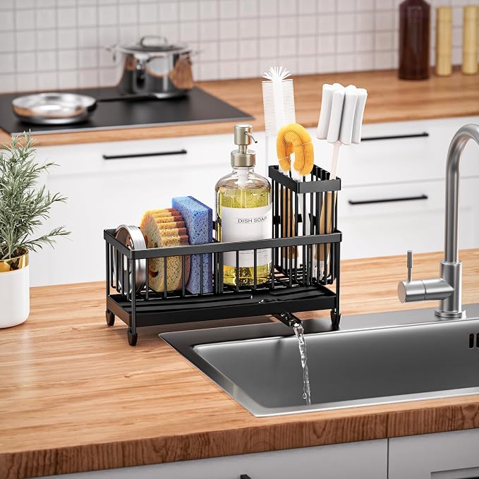 Cisily Sponge Holder for Kitchen Sink, Sink Organizer with Brush Holder | Kitchen Countertop Organizers and Storage Essentials, Rustproof 304 Stainless Steel (Black, 9.25″) - Image 7