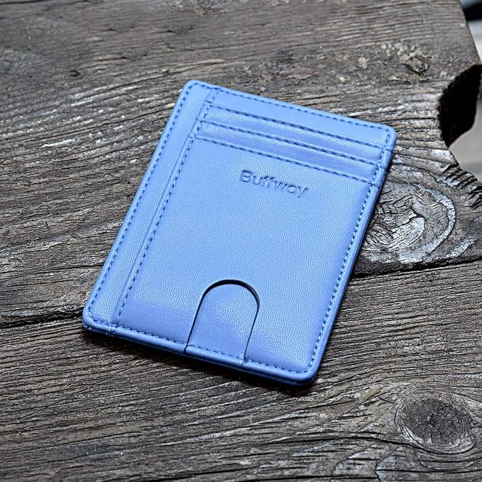 Buffway Slim Minimalist Front Pocket RFID Blocking Leather Wallets for Men and Women - Sand Wathet Blue - Image 4