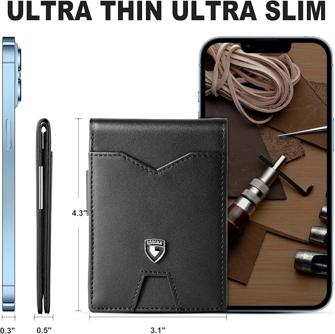 GSOIAX Slim Wallet for Men Rfid Blocking Leather Bifold Front Pocket Carbon Fiber Men's Money Clips Credit Card Holder With Gift Box (Black money clip) - Image 5