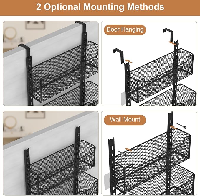 VyGrow Over The Door Organizer, Metal Door Organizer Hanging with 5 Adjustable Baskets and Coat Hook, Behind The Door Storage for Bedroom Closet Bathroom Pantry Cabinet Kitchen, Black - Image 4