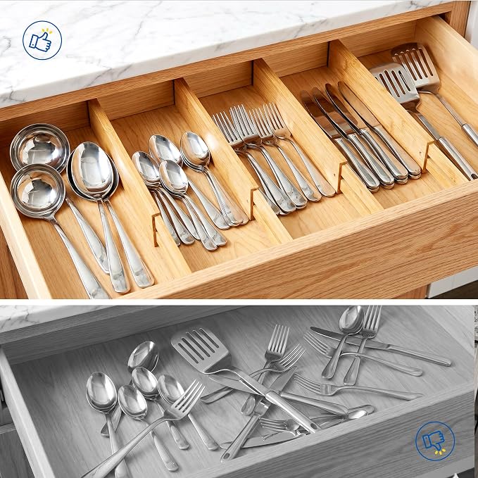 4 Pack 2.36" Bamboo Drawer Dividers, 17-22" Expandable Kitchen Organizers | Adjustable Spring-Loaded Tension Separators with Foam Pad for Clothes, Utensils, Kitchen, Dresser, Nursery & Bathroom - Image 3