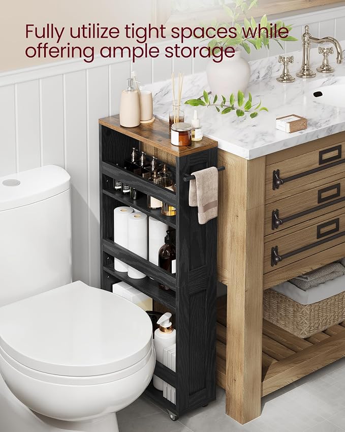 VASAGLE 4-Tier Slide-Out Storage Cart, Slim Kitchen Cart for Small Spaces, with Wheels, Handle, Bathroom, Laundry Room, 5.9 x 17 x 34.1 Inches, Ebony Black and Rustic Brown ULRC050K02 - Image 5