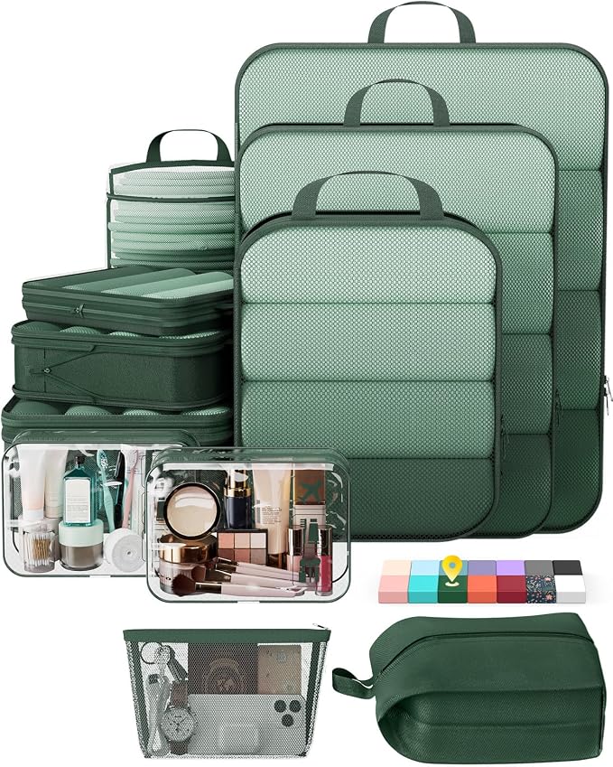 Veken 11 Set Compression Packing Cubes Garment Bags for Travel Essentials,Compressible Expandable Luggage Organizer Bags for Clothing,Space Saver Bags with Over 1000 pcs of Mesh Holes(Dark Green) by Veken