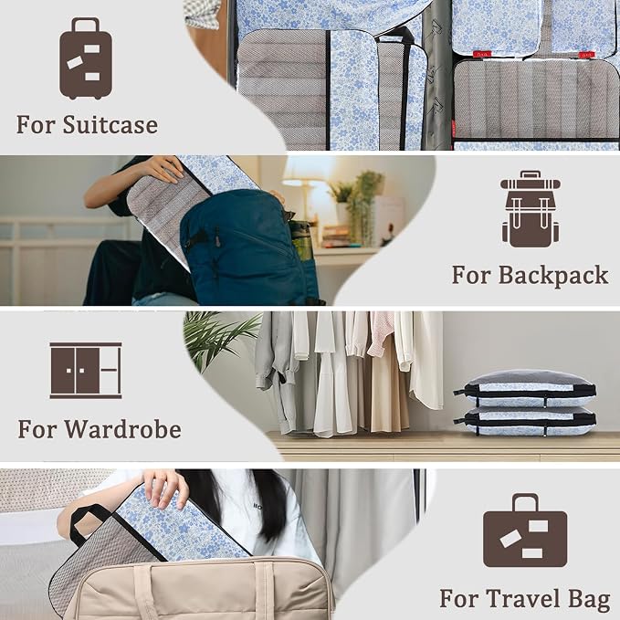 U+U 8 Set Compression Packing Cubes, Travel Organizers (Blue Flower) | Space-Saving & Lightweight Travel - Image 8