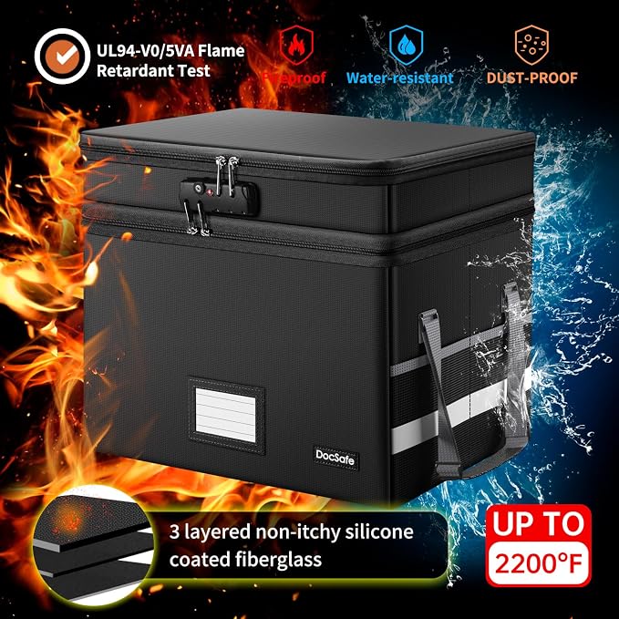 DocSafe File Box with Lock,Multi-Layer Fireproof Document Box Collapsible File Storage Organizer with Pockets/Handle,Large Portable Home Office Filing Safe for Hanging Letter/Legal Size Folders,Black - Image 6
