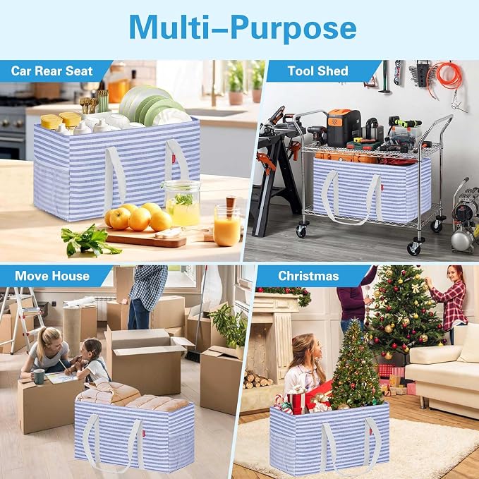 LHZK Standing Extra Large Utility Tote Bag with Metal Wire Frame and the Sides Rinforced, Extra Large Tote Bag with Handle, Reusable Grocery Bags Foldable, Beach Bag, Car Tote (Blue) | Metal Wire Frame - Image 9