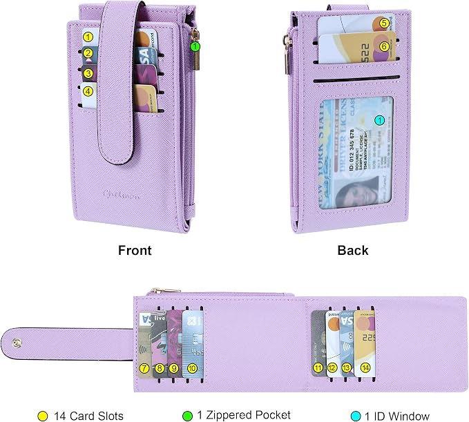 Chelmon Women's RFID Slim Card Holder Wallet | Thin Bifold Multi Card Case with Zipper Coin Pocket Purse for Women(Light Purple) - Image 4