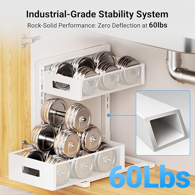TISTAYA Pull-Out Under Kitchen Sink Organizer, Metal Functional Under Sink Organizer, Height Adjustable Under Bathroom Sink Organizer, Under Sink Storage for Kitchen Bathroom Cabinet (White) - Image 5