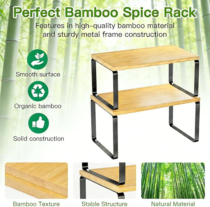 Simple Trending Bamboo Cabinet Organizer Shelf, Set of 2 Kitchen Counter Shelves, Stackable Expandable Spice Rack Kitchen Storage, Black and Natural Beige - Image 5