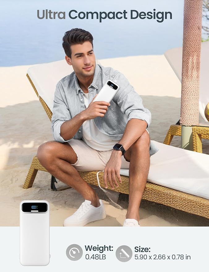 aonidi Portable Charger 12000mAh with Built-in Cables&AC Wall Plug, White | PD20W USB C Fast Charging,LED Display External Travel Power Bank,TSA approved Battery Pack for All iPhone,Samsung,Android - Image 8