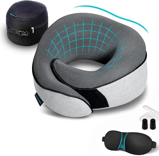 Travel Neck Pillow for Airplanes, Long Haul Flight Kit, Grey | 360 Head Support, Sleeping Essentials with 3D Contoured Eye Mask, Earplugs and Luxury Mesh Bag for Long Flights and Car by ProGlobe