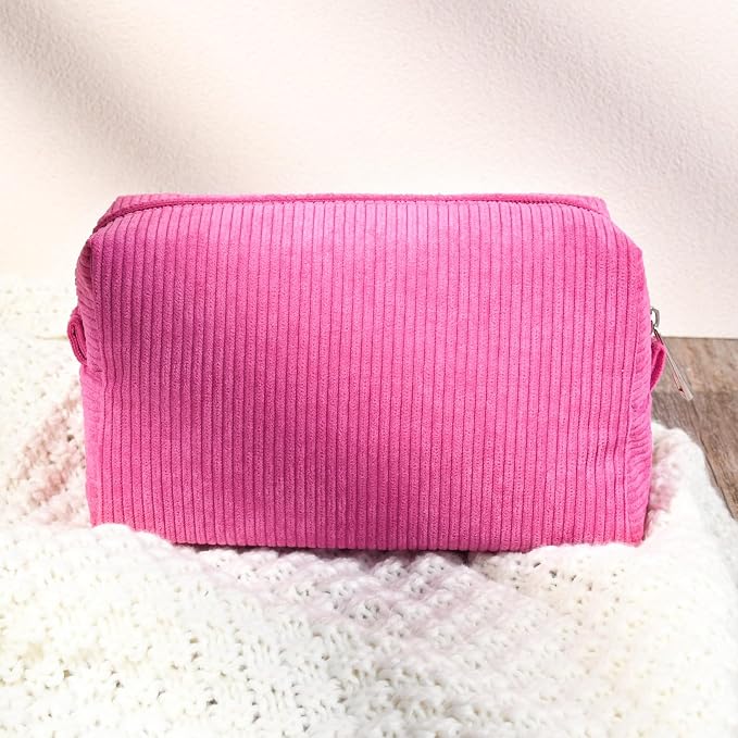 SOIDRAM 2 Pcs Corduroy Makeup Bag Large Cosmetic Bag Toiletry Bag Makeup Pouch Travel Bag Organizer Cute Makeup Brushes Aesthetic Accessories Storage Bag for Women Rose Red - Image 7