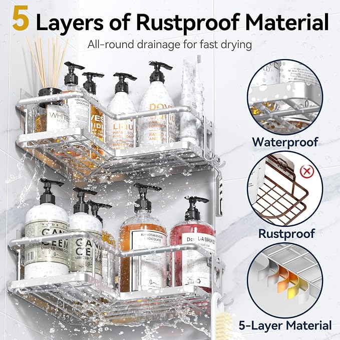 Corner Shower Caddy Adhesive, 100% Rustproof Shower Organizer with Soap and Troothbrush Holder, No Drill Shower Shelf for Inside Shower, Wall-Mounted Shower Storage for Homes (5 Pack, Silver) - Image 4