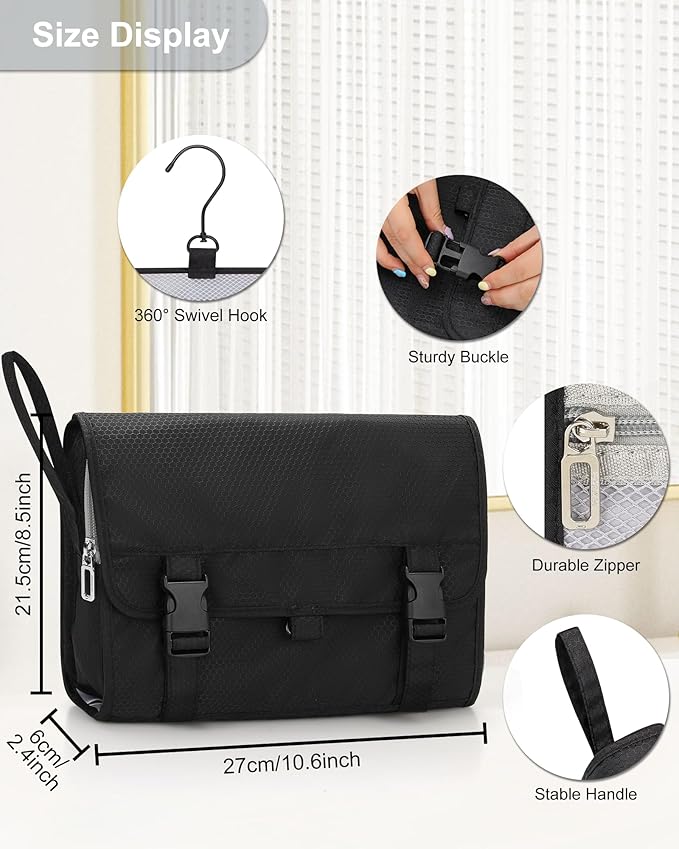 Relavel Travel Hanging Toiletry Bag for Men Women Travel Kit Shaving Bag | Waterproof Large Makeup Bag Wash Bag Makeup Organizer Cosmetic Case for Bathroom Shower Black - Image 3