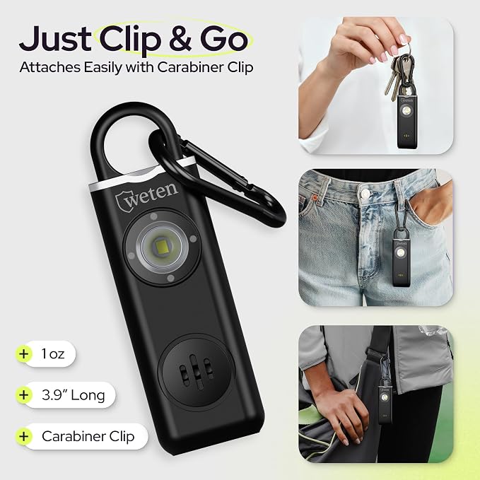 Women Safety Personal Alarm Keychain, 130dB Siren, USB-C, 2 Pack Black | Rechargeable, Carabiner Clip, Low Battery Alert, LED Light, Self Defense Whistle Alternative for Women - Image 5