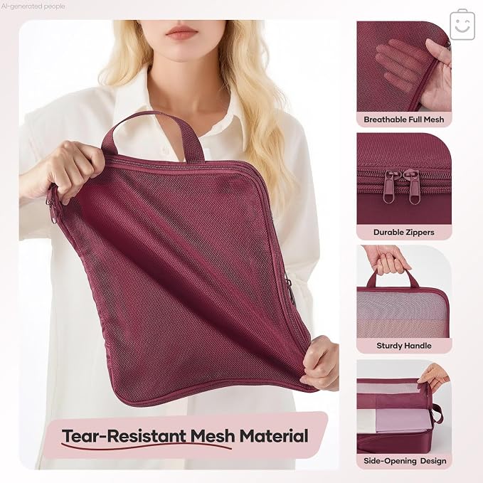 Veken 9/11 Set Compression Packing Cubes Garment Bags for Travel Essentials,Compressible Expandable Luggage Organizer Bags for Clothing,Space Saver Bags with Over 1000 pcs of Mesh Holes(Wine Red) - Image 5