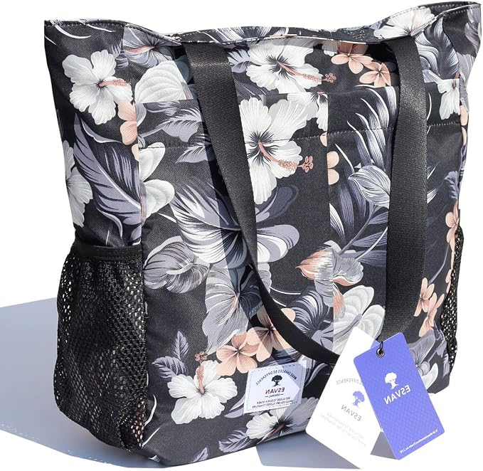 ESVAN Original Floral Tote Bag Large Shoulder Bag with Multi Pockets for Gym Travel Beach Daily Bags - Image 3