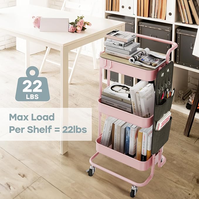 DTK 3-Tier Rolling Cart with Table Top, Metal Utility Cart with Side Bags | Tray Storage Organizer, Lockable Wheels, 4 Hooks, Art Cart for Kitchen, Bathroom, Office, Craft room, Living room, Pink - Image 3