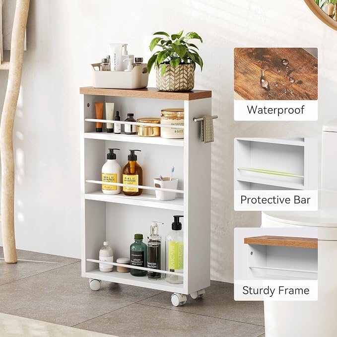 LITTLE TREE 4 Tier Rolling Cart with Wheels, 6.3 Inch Slim Storage Cart, Wooden Snack Cart with Narrow Shelf, White Laundry Room and Bathroom Organizer Shelves - Image 6