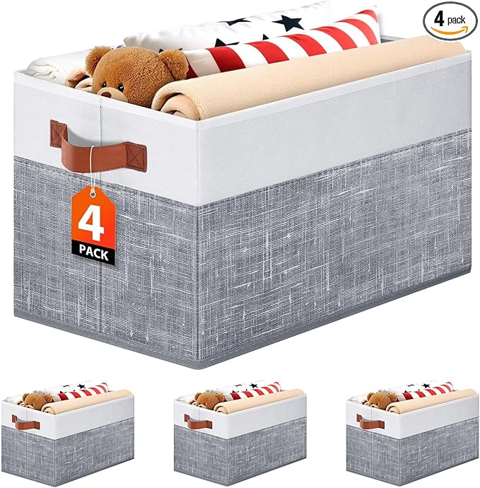 Collapsible Storage Baskets for Shelves,14"x10", 4 Pack Foldable Fabric Storage Bins with Double Leather Handles, Large Baskets for Organizing Books, Clothes, White & Grey by Fabtotes