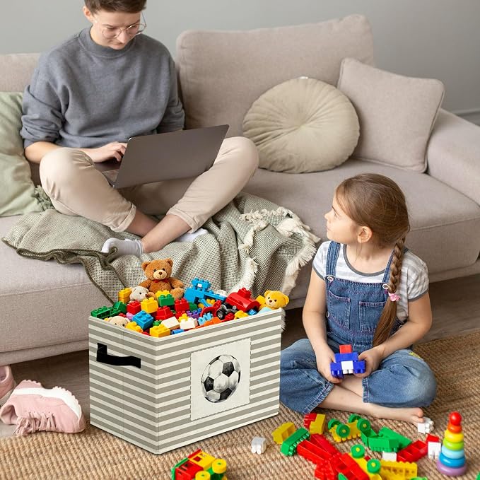 Rustic Soccer Ball Storage Bins Boxes Handles | grey striped nursery foldable basket for organizing bedroom toddler playroom - Image 4