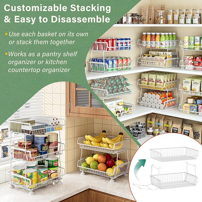 OKZEST Pantry Organizers and Storage Cart with Upgraded Metal Hub Casters | Fits under pantry shelf, Stackable fine-mesh wire baskets, 3-Tier rolling cart holds drink, snack, can, potato, onion, fruit - Image 5