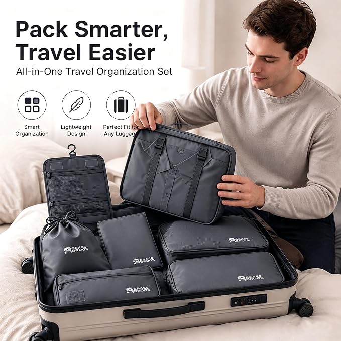 8 Set Packing Cubes for Travel Essentials With Hanging Toiletry Bag for Women, Lightweight Suitcase Organizer Bags with Mackup bag, Carry-On Luggage Accessories (Gray) - Image 3