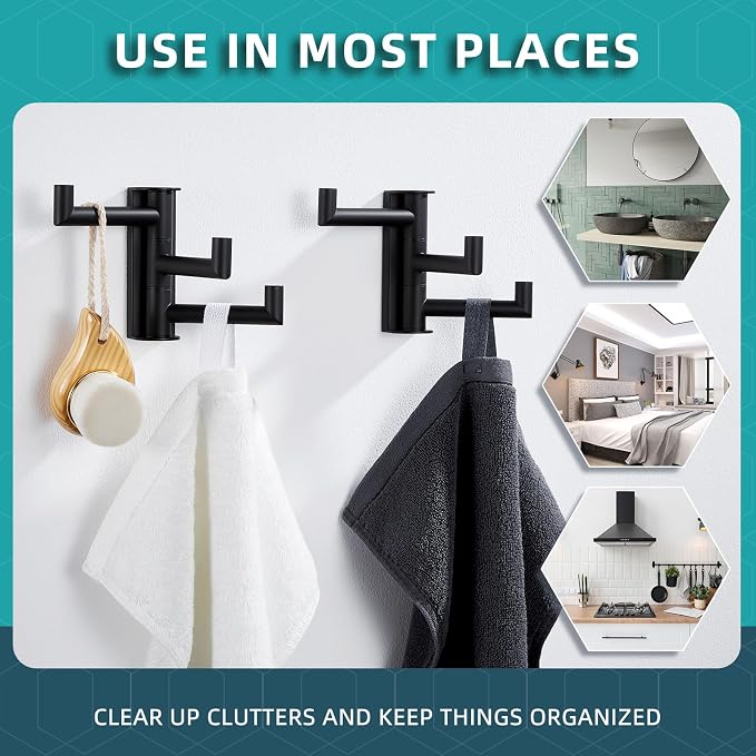 Angle Simple Swivel Towel Hooks for Bathrooms, 2 Pack Wall Hook Matte Black | Swing Foldable 3 Arms for Hand Towel Robe Coat, Solid 304 Stainless Steel, Space Saver for Kitchen Shower Closet, Wall Mount - Image 6