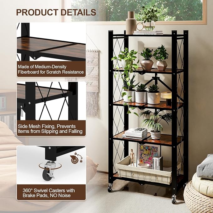 5 Tier Folding Shelf with Wheels, Wood and Metal Bookshelf | No Assembly Foldable Storage Shelves, Vintage Storage Rack for Living Room, Bedroom, and Home Office - Image 4