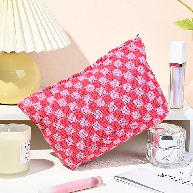 SOIDRAM 2 Pieces Makeup Bag Large Checkered Cosmetic Bag Capacity Canvas Travel Toiletry Bag Organizer Cute Makeup Brushes Aesthetic Accessories Storage Bag for Women, Rose Red checkered - Image 5