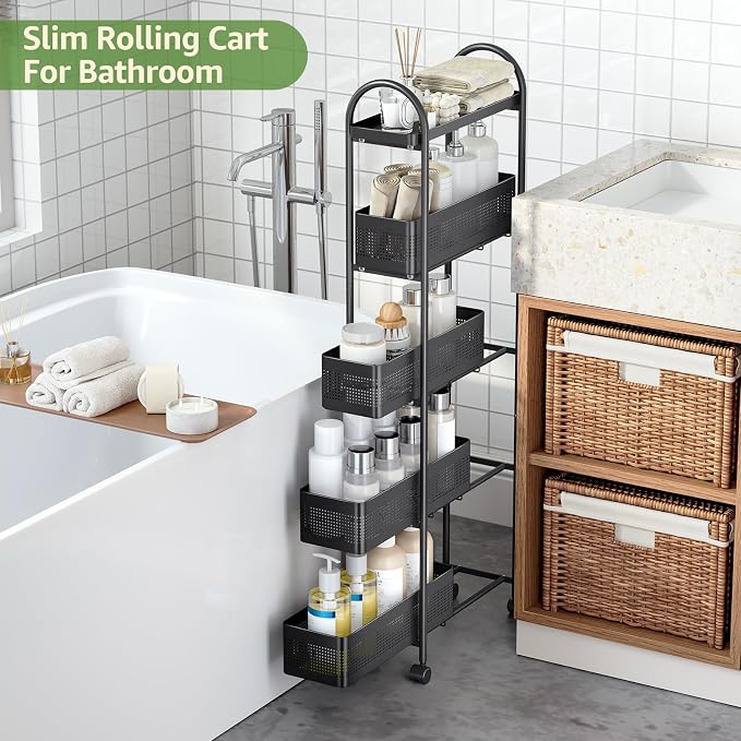 KINGRACK 5 Tier Slim Rolling Cart with Drawer, Metal Utility Storage Cart | 4 Pull-out Baskets, Lockable Wheels, Narrow Space Trolley Organizer for Bathroom, Kitchen, Office, Dorm, Laundry Room, Black - Image 9