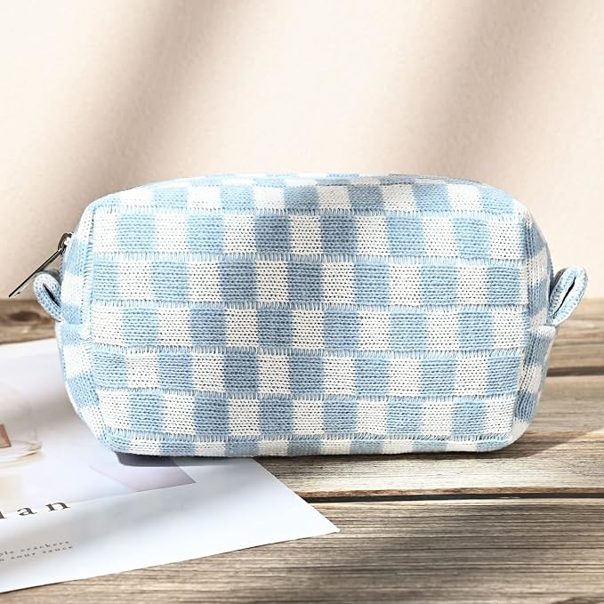 SOIDRAM 2 Pieces Makeup Bag Large Checkered Cosmetic Bag Capacity Canvas Mix Travel Toiletry Bag Organizer Cute Makeup Brushes Aesthetic Accessories Storage Bag for Women, Checkered Mix Blue - Image 7