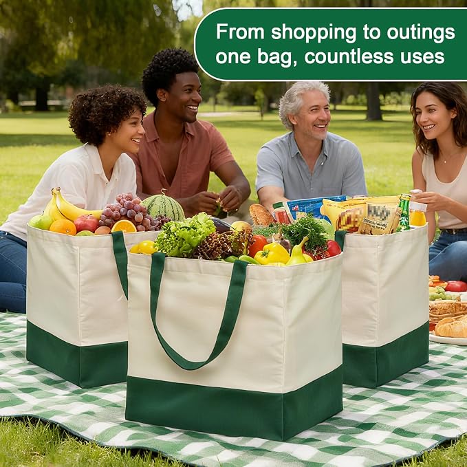 3 Pcs Reusable Grocery Bags - Heavy Duty Canvas Bag, 8.3 gal Foldable Large Canvas Tote Bag with Handles, Holds 60 lbs Tote Shopping Bags,100% Cotton（Retro Green） - Image 3