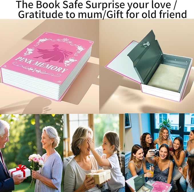Book Safe with Key Lock - Hidden Compartment Security Box for Cash, Jewelry & Passports | Portable Steel Lockbox for Home, Office, Travel | 9.5"x6.2"x2.2" | Cosmetic Bag Included(Pink Memory) - Image 8