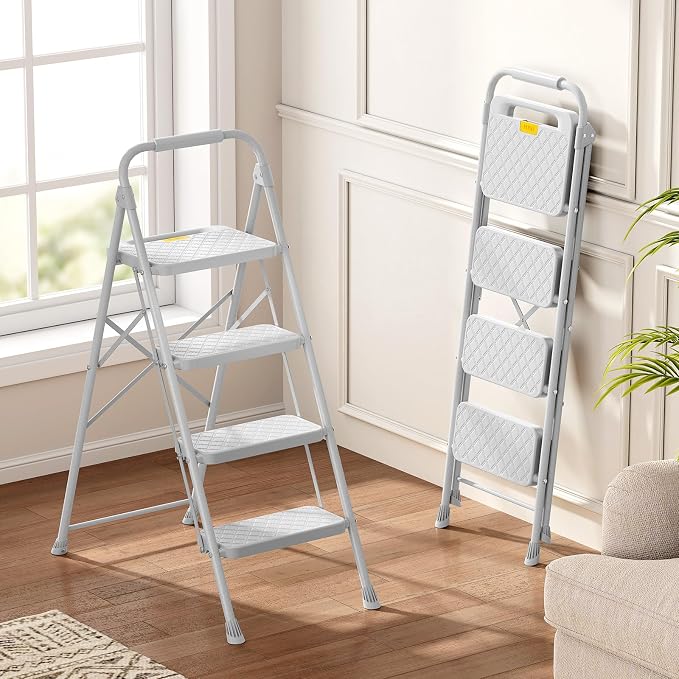 KINGRACK 4 Step Ladder, Folding Step Stool with Safety Lock & Sturdy Anti-Slip Pedals, Pass 800lbs Load Testing, Lightweight, Portable Steel Ladder with Handrails for Home, Kitchen, Garage, Office - Image 9