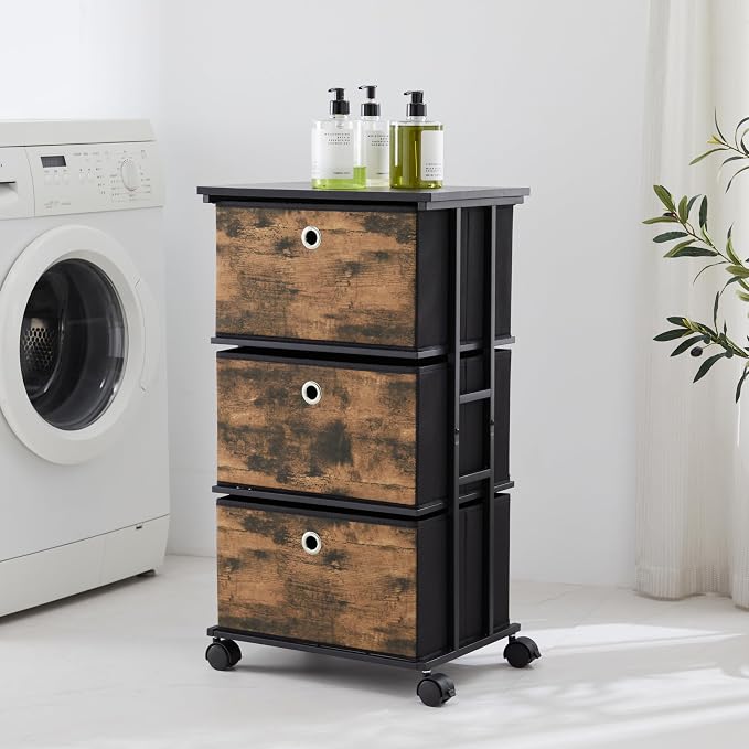 MAX Houser Dresser Storage with 3 Drawers, Fabric Tower Nightstand, Chest of Drawers,Vertical Storage Unit Organizer for Closets,Bedroom,Dorm, Wood Top, Rustic Brown Wood Grain Print - Image 2
