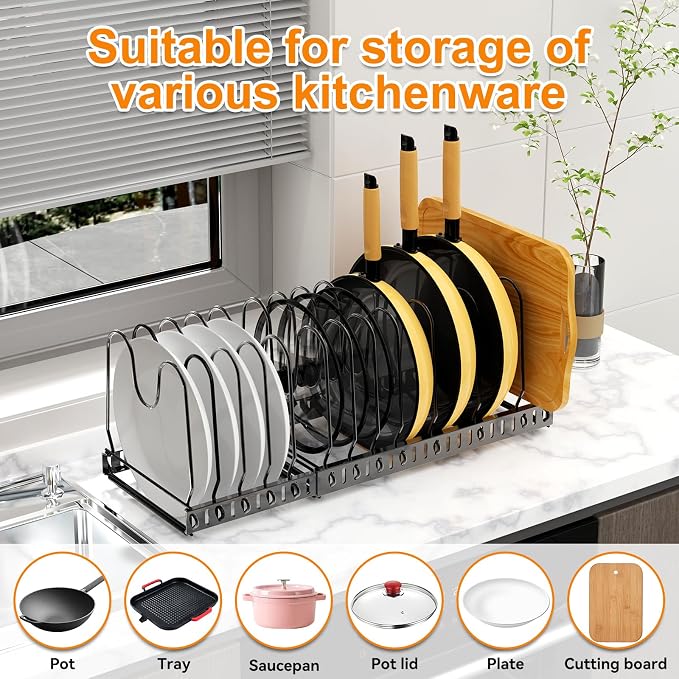 Pot and Pan Organizer Rack for Cabinet & Countertop, 3‑Tier Expandable Holder with 12 Adjustable Compartments, Kitchen Storage for Pan Lid, Cutting Board, Cookware & Bakeware, Black - Image 5