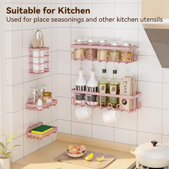 Shower Caddy Adhesive, Rustproof Shower Organizer, Wall Shower Rack | Large Capacity Shower Shelves for Inside Shower, Shampoo Shower Holder, Pink, 2 Caddies, 2 Soap Dishes, 1 Toothbrush Holder - Image 7