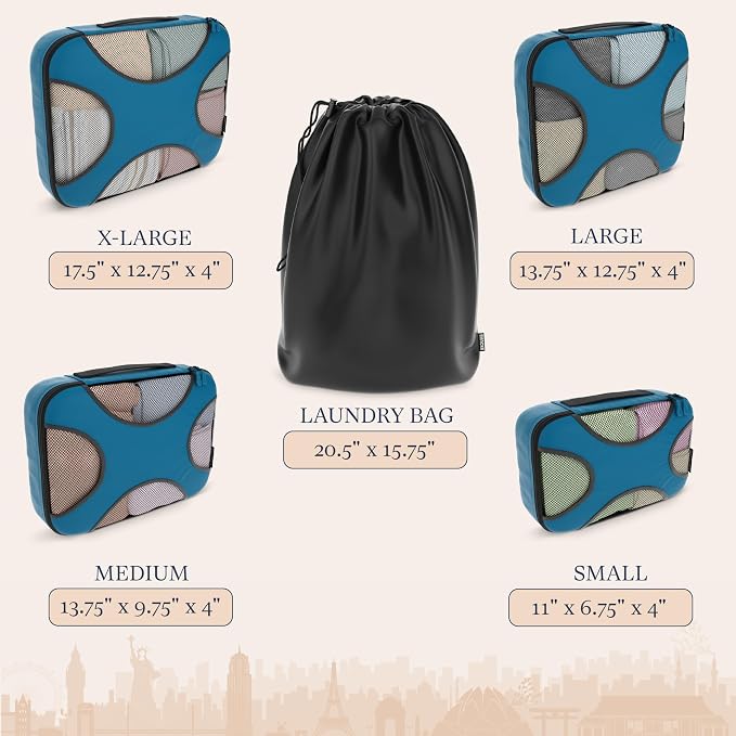 Shacke 5 Set Packing Cubes for Travel with Laundry Bag (Gentlemen's Blue) | Suitcase Organizer Bags Set: 4 Water-Resistant Luggage Cubes, XL to Small, + Laundry Bag for Carry-On or Checked - Image 4